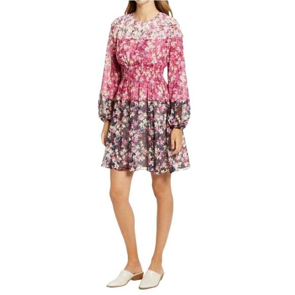 Eliza J Pink Colorblock Floral Smocked Waist Balloon Long Sleeve Dress Size 8 - Picture 2 of 9